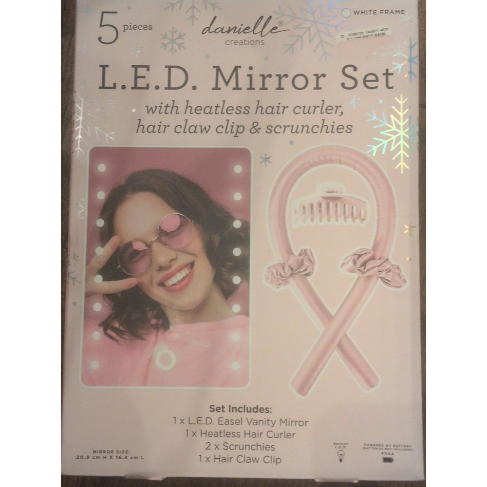 Danielle Creations LED Mirror Set Heatless Hair Curler Claw Clip Scrunchies Pink